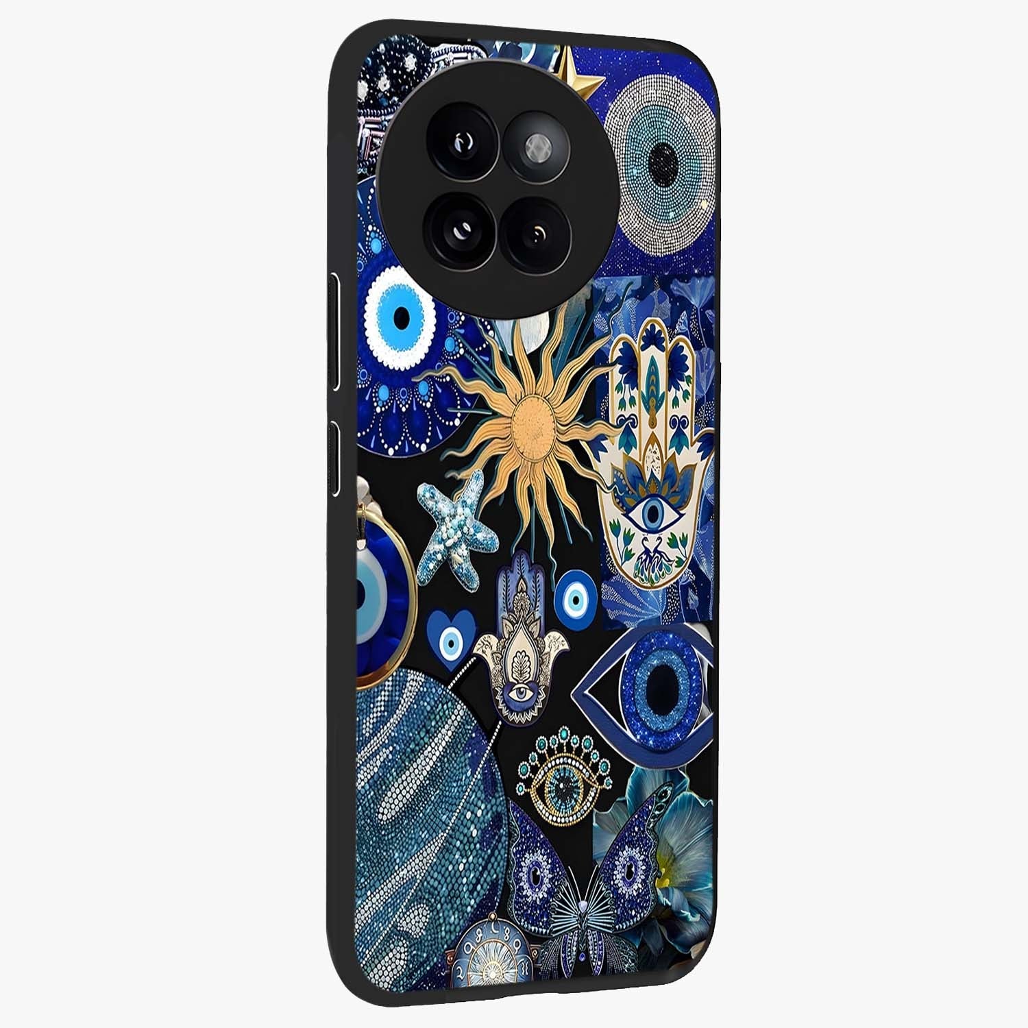 Evil Eye Charm Mix Glass Case upright view showcasing mystical evil eye pattern with vibrant decorative style.