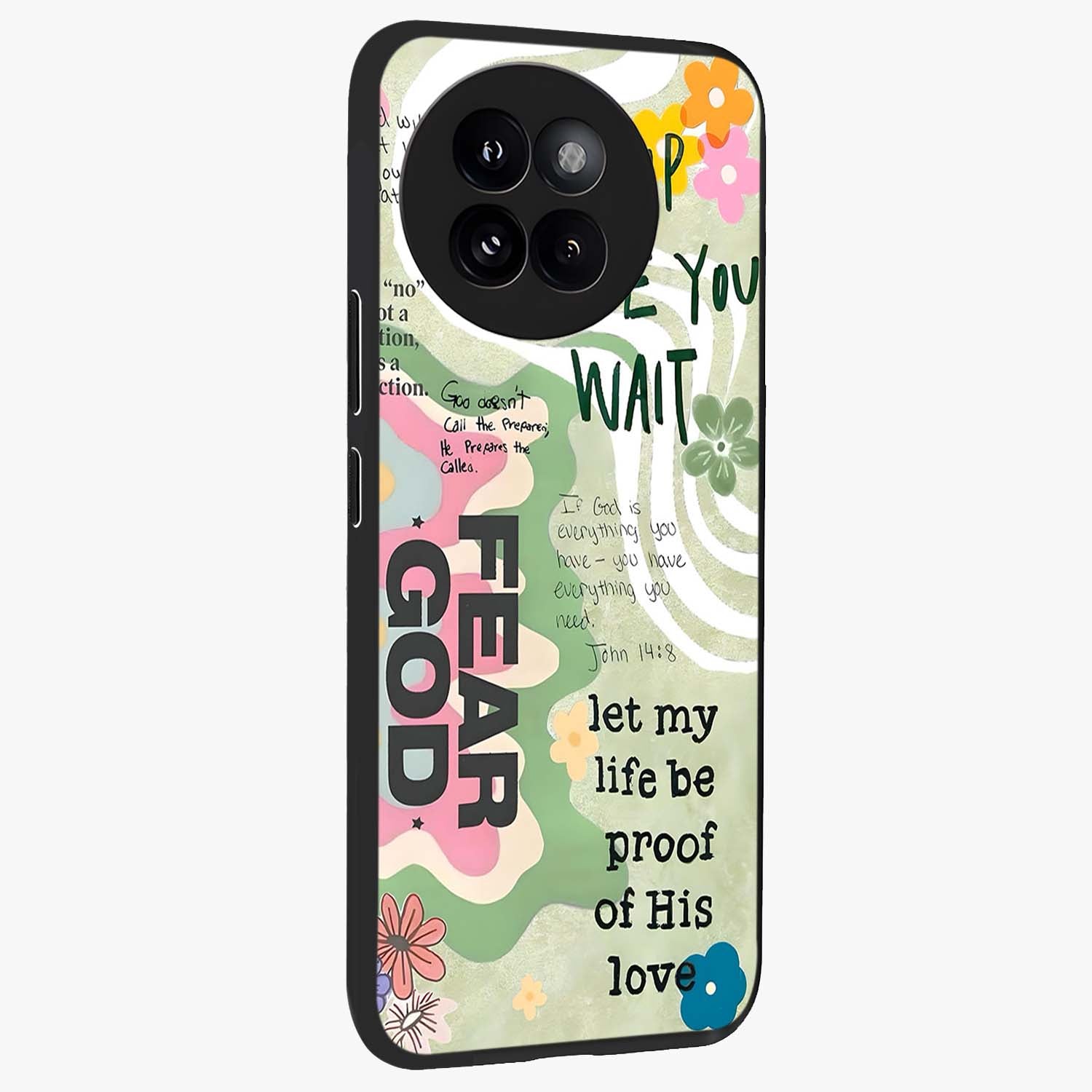 Faith Over Fear Glass Case upright view showcasing bold typography artwork with uplifting motivational theme.
