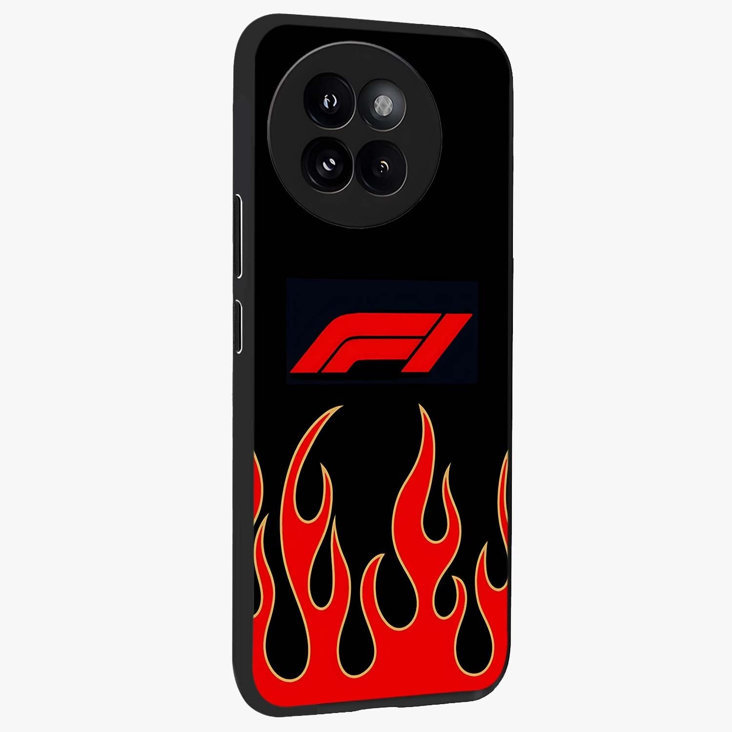 Fire F11 Glass Case upright view showcasing dynamic flame artwork with intense visual theme.