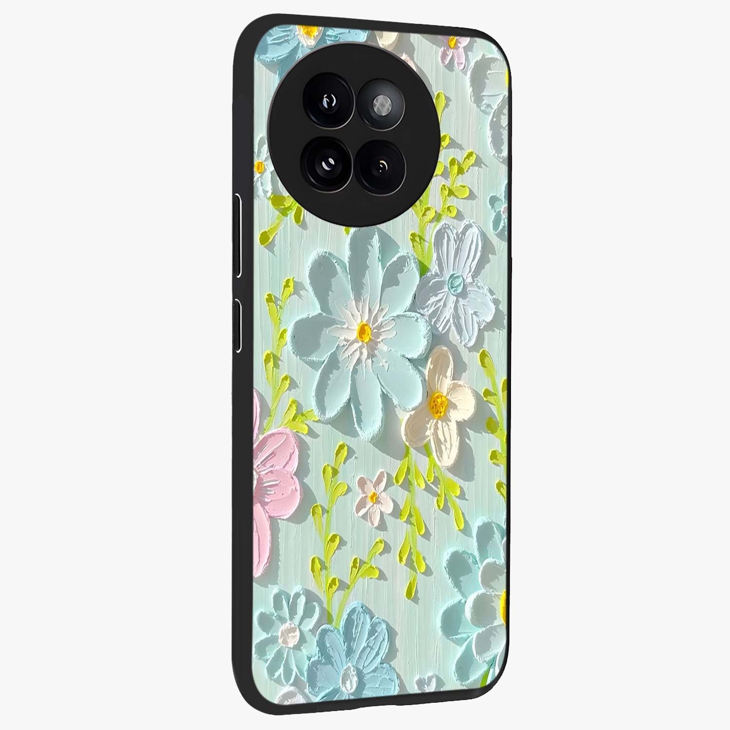 Frosted Petal Garden Glass Case upright view showcasing elegant floral garden artwork with soothing pastel theme.