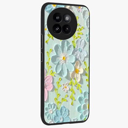 Frosted Petal Garden Glass Case upright view showcasing elegant floral garden artwork with soothing pastel theme.