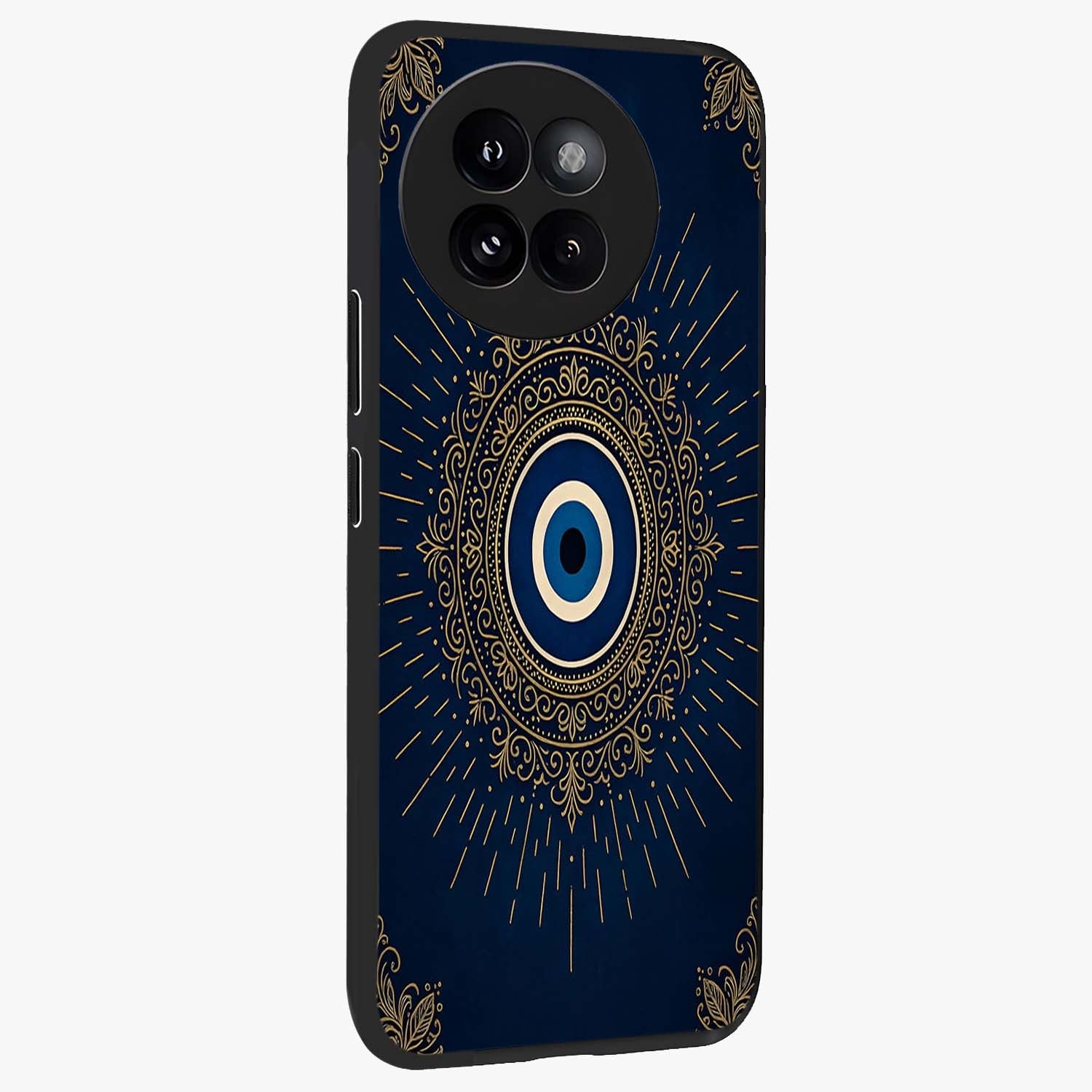 Golden Celestial Charm Glass Case upright view showcasing radiant celestial artwork with elegant golden theme.