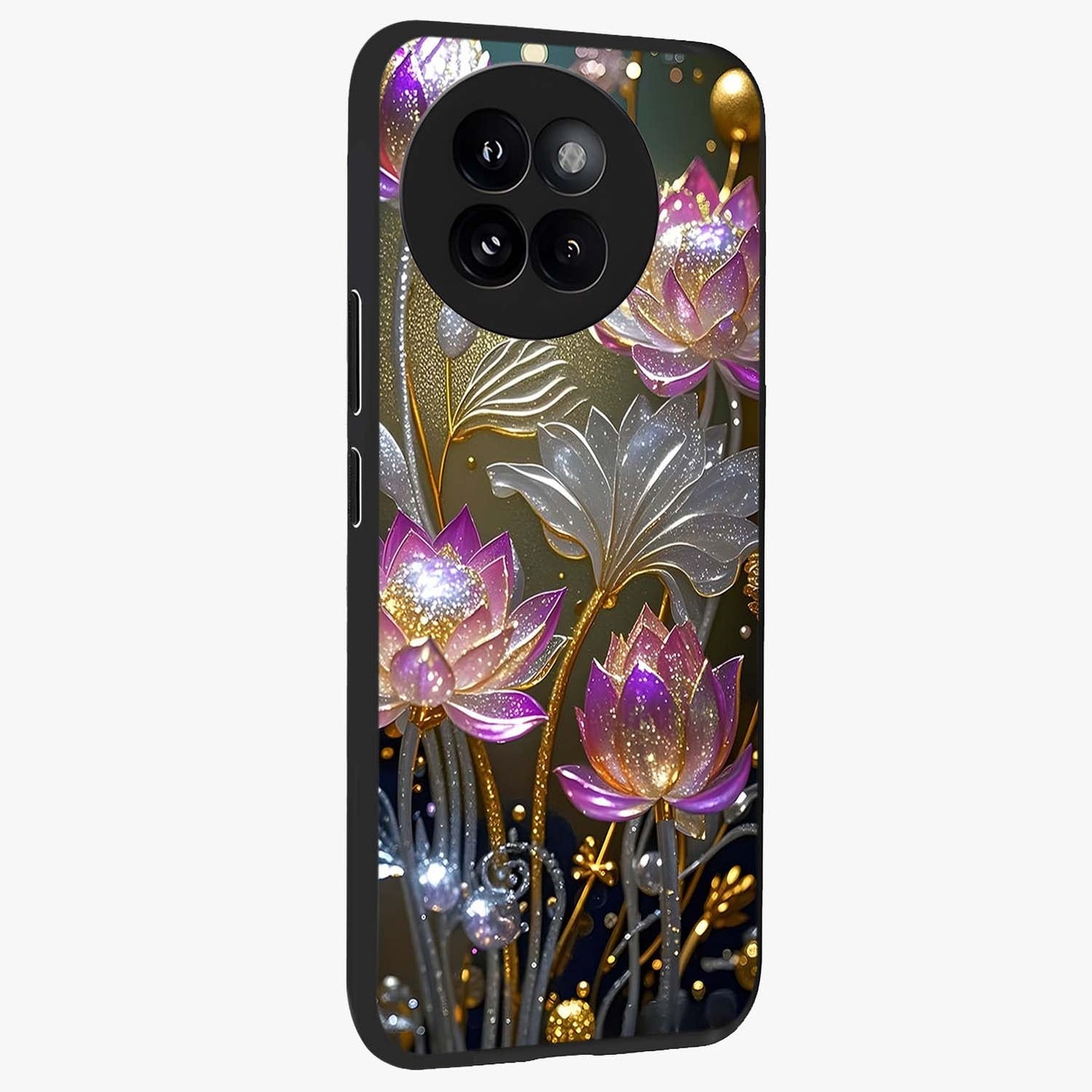 Golden Floral Majesty Glass Case upright view showcasing majestic floral artwork with rich decorative theme.