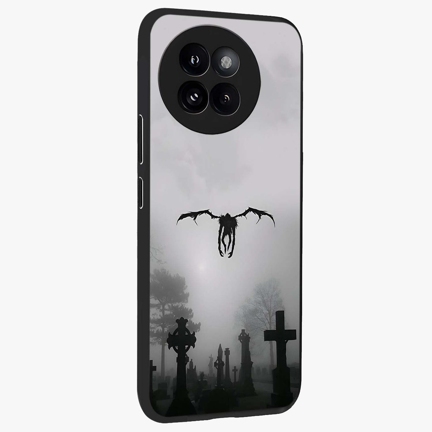 Graveyard Shadow Descent Glass Case upright view showcasing haunting graveyard artwork with dramatic dark theme.