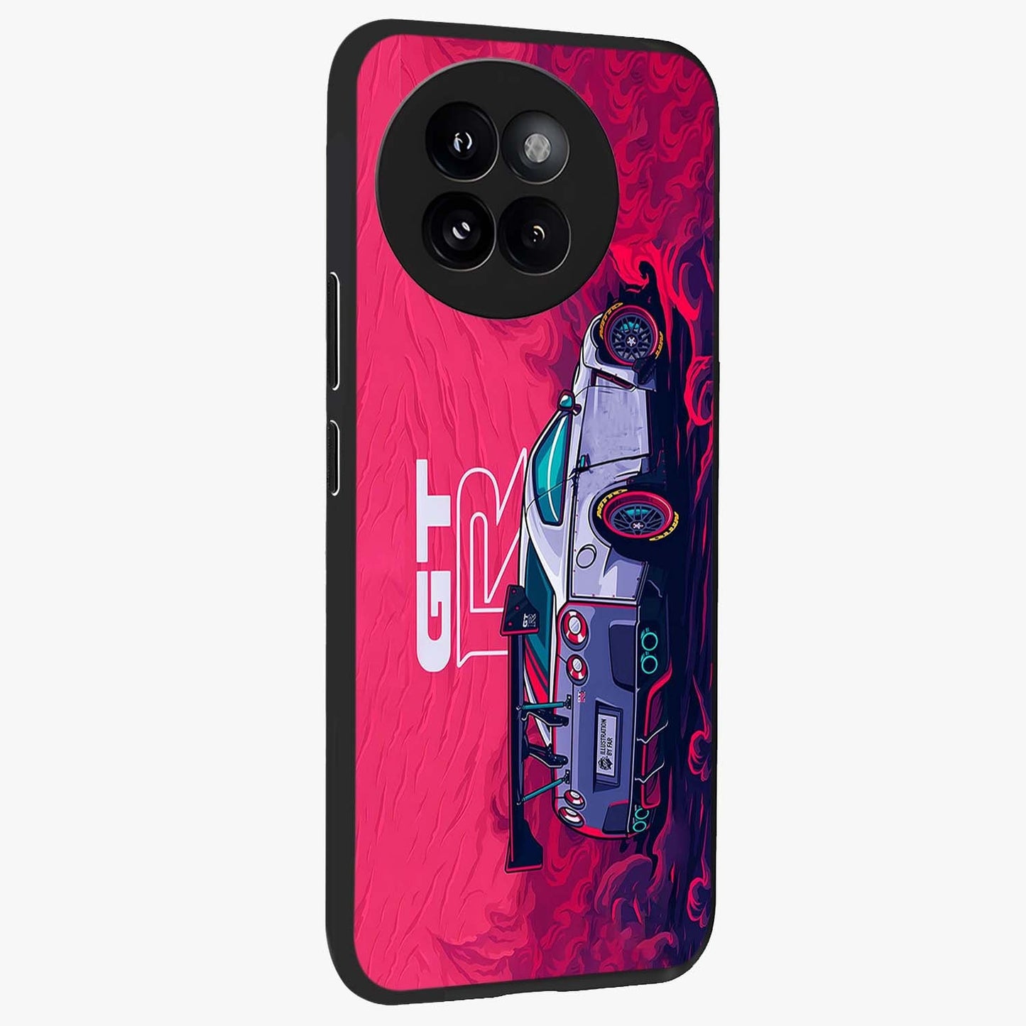 GT-R Car Pattern Glass Case upright view showcasing dynamic car pattern artwork with modern sports theme.