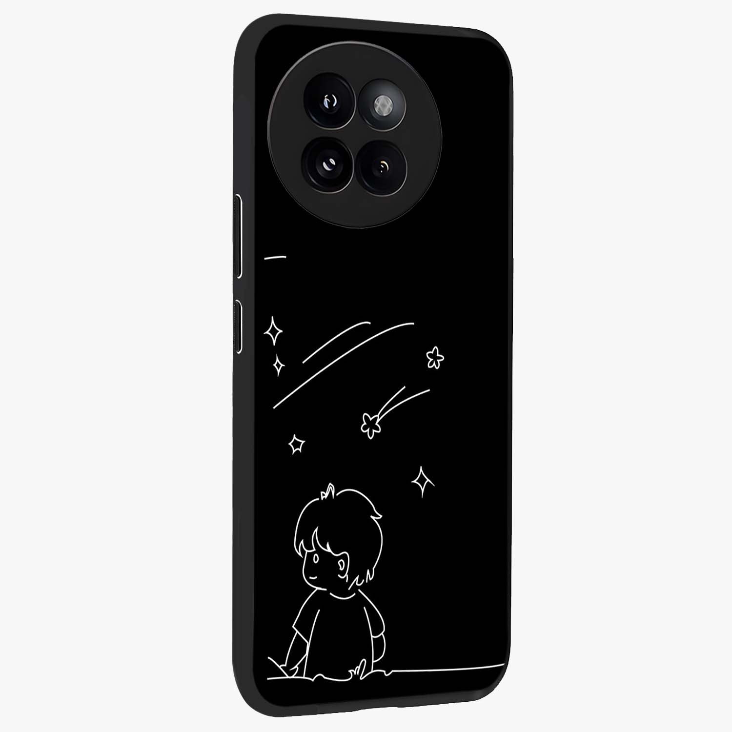 Line Art Boy With Shooting Stars Glass Case upright view showcasing artistic shooting star illustration with minimal style.