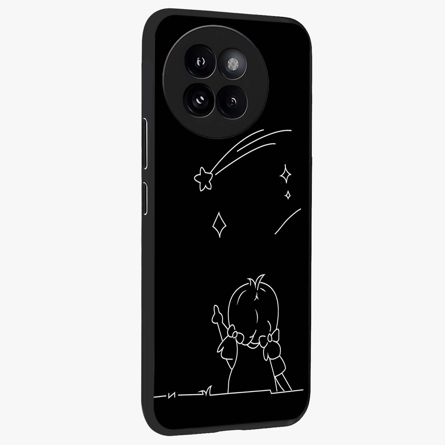 Line Art Girl With Shooting Stars Glass Case upright view showcasing delicate shooting stars artwork with minimal artistic theme.