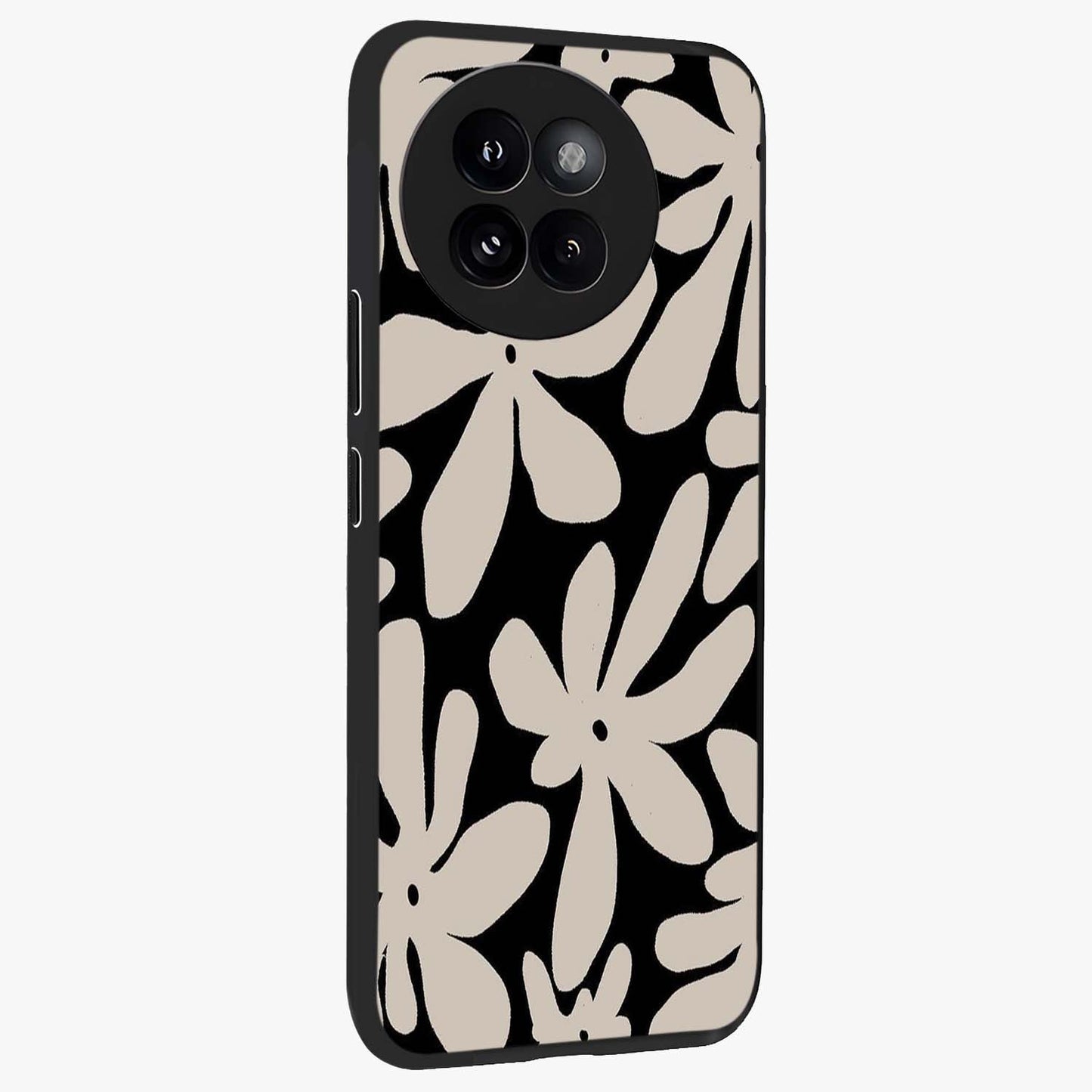 Monochrome Petal Dance Glass Case upright view showcasing artistic floral pattern with stylish monochrome theme.