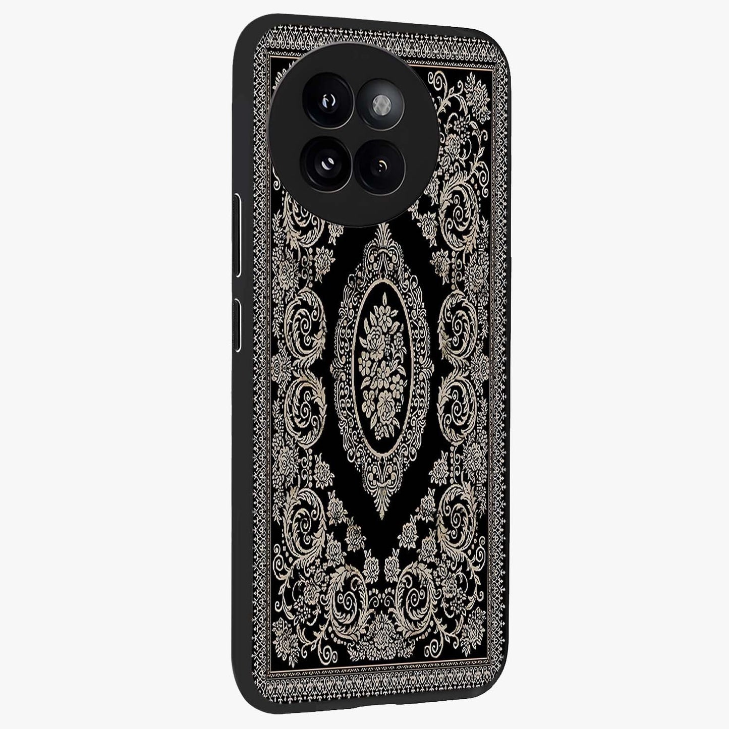 Noir Bloom Elegance Glass Case upright view showcasing graceful floral artwork with luxurious dark theme.
