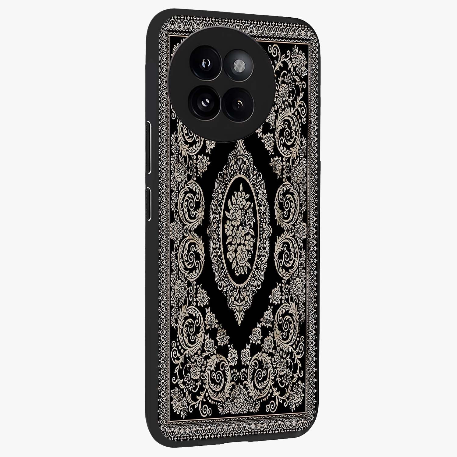 Noir Bloom Elegance Glass Case upright view showcasing graceful floral artwork with luxurious dark theme.
