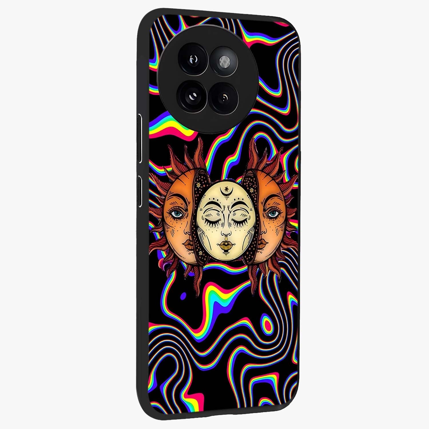 Psychedelic Sun Glass Case upright view showcasing trippy sun artwork with bold psychedelic theme.