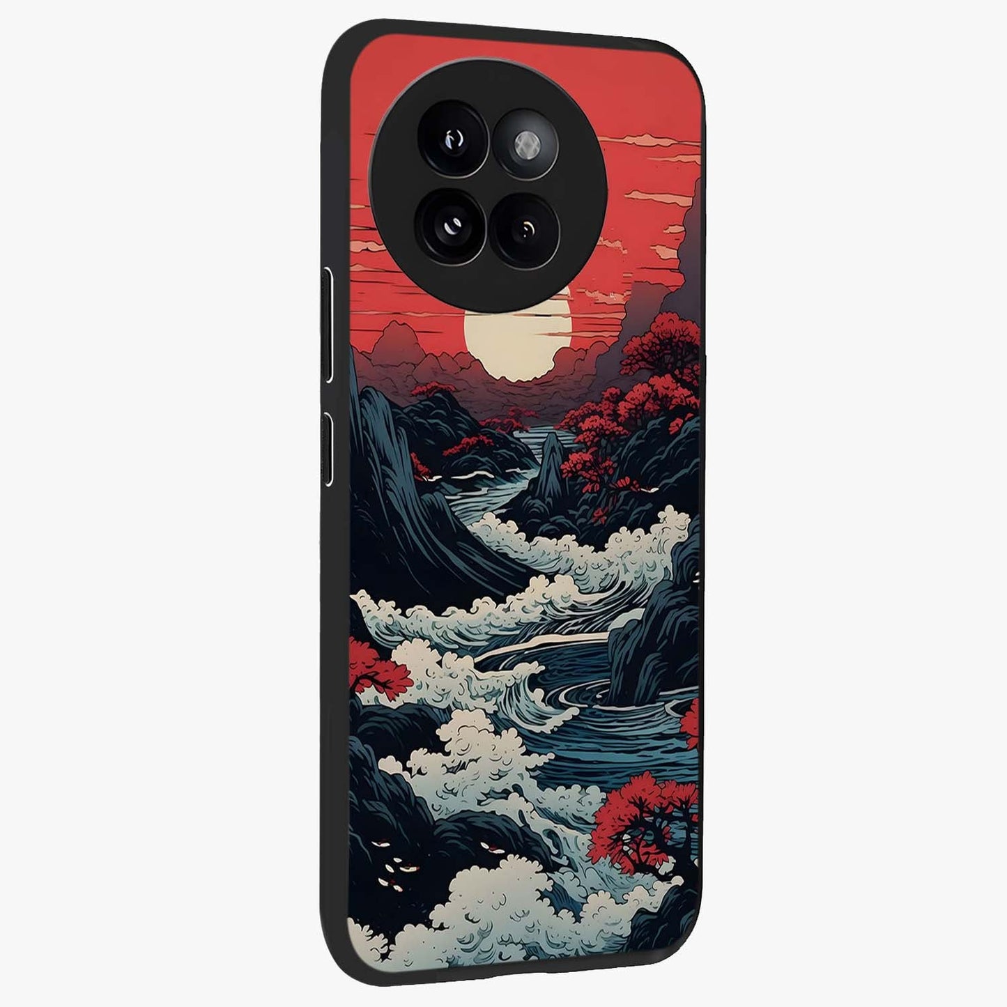 Red Sunset Scenery Glass Case upright view showcasing dramatic sunset scenery artwork with warm nature theme.