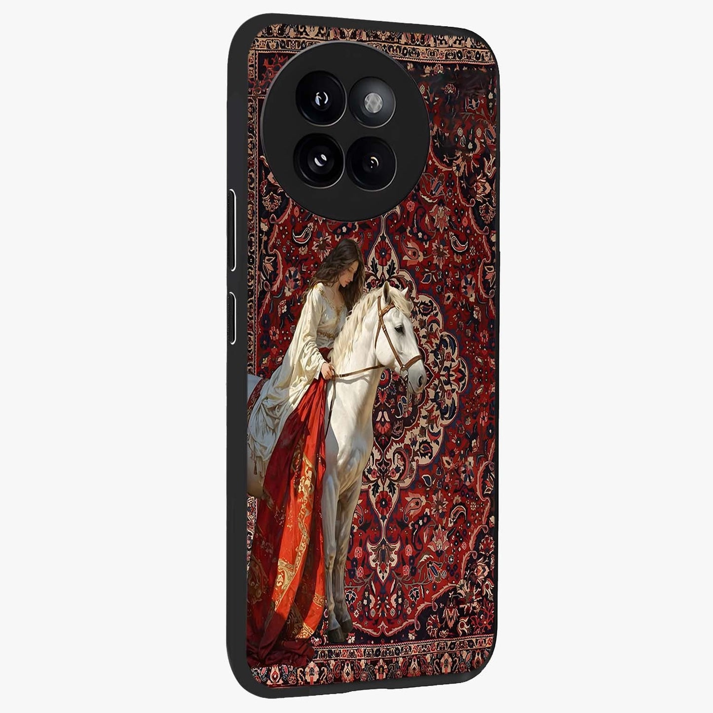 Royal Rider Tapestry Glass Case upright view showcasing detailed rider artwork with classic tapestry theme.