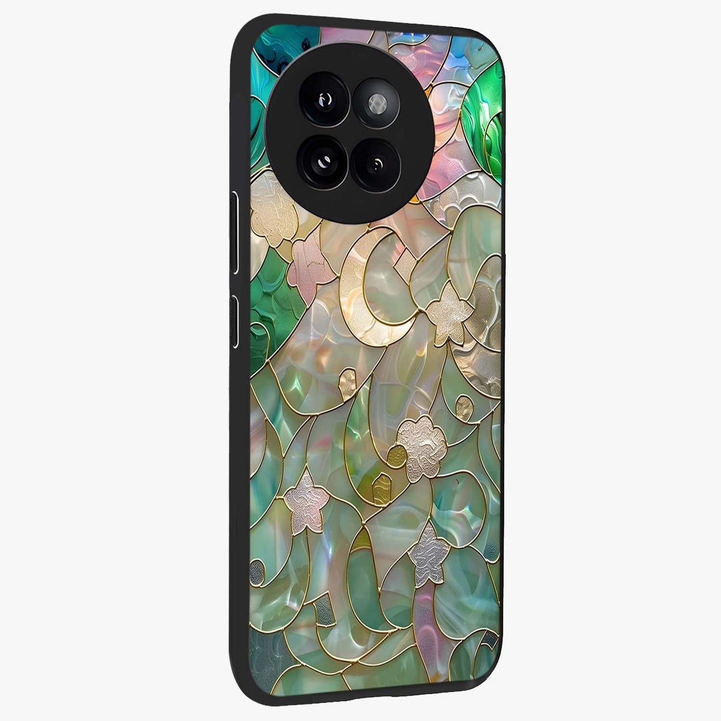 Stained Sunrise Glow Glass Case upright view showcasing colorful sunrise artwork with warm morning theme.
