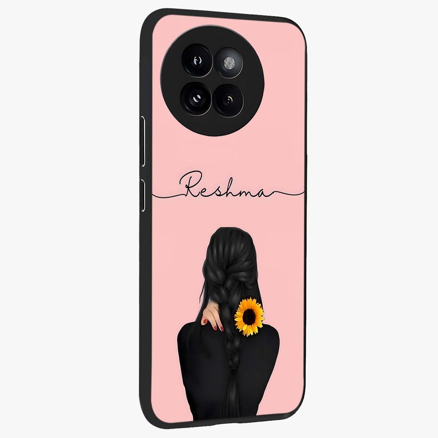 Sunflower Braid Beauty With Custom Name Glass Case upright view showcasing bright sunflower artwork with personalized floral aesthetic.