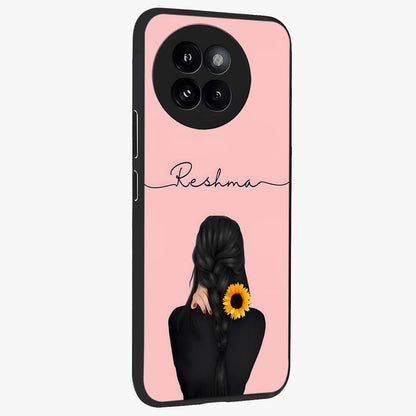 Sunflower Braid Beauty With Custom Name Glass Case upright view showcasing bright sunflower artwork with personalized floral aesthetic.