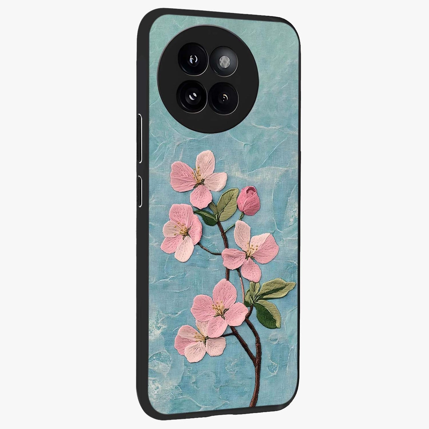 Threaded Blossom Breeze Glass Case upright view showcasing graceful flower artwork with calm botanical theme.