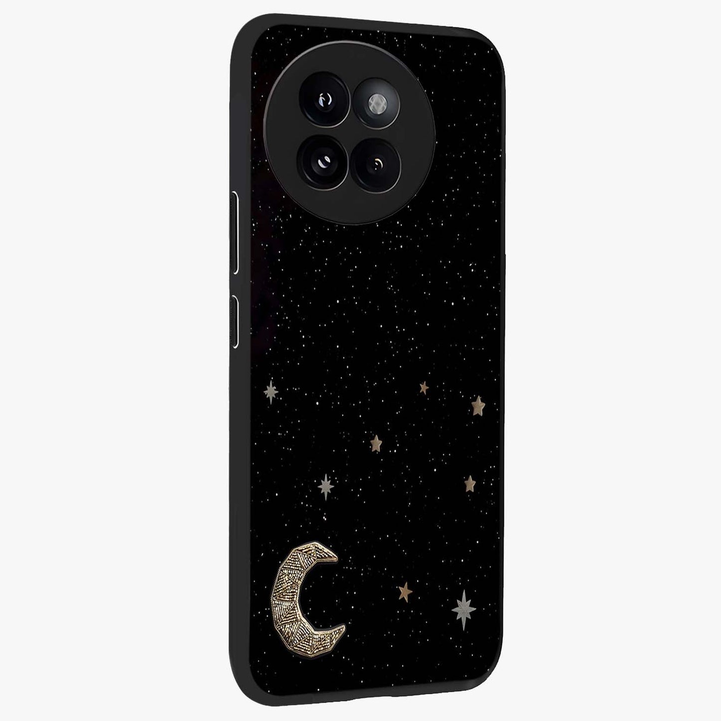 Twinkle Star With Half Moon Glass Case upright view showcasing glowing cosmic artwork with dreamy night theme.