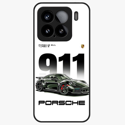 911 Turbo Dominance Glass Case showing clean flat back view with bold 911 sports car artwork and glossy glass finish.