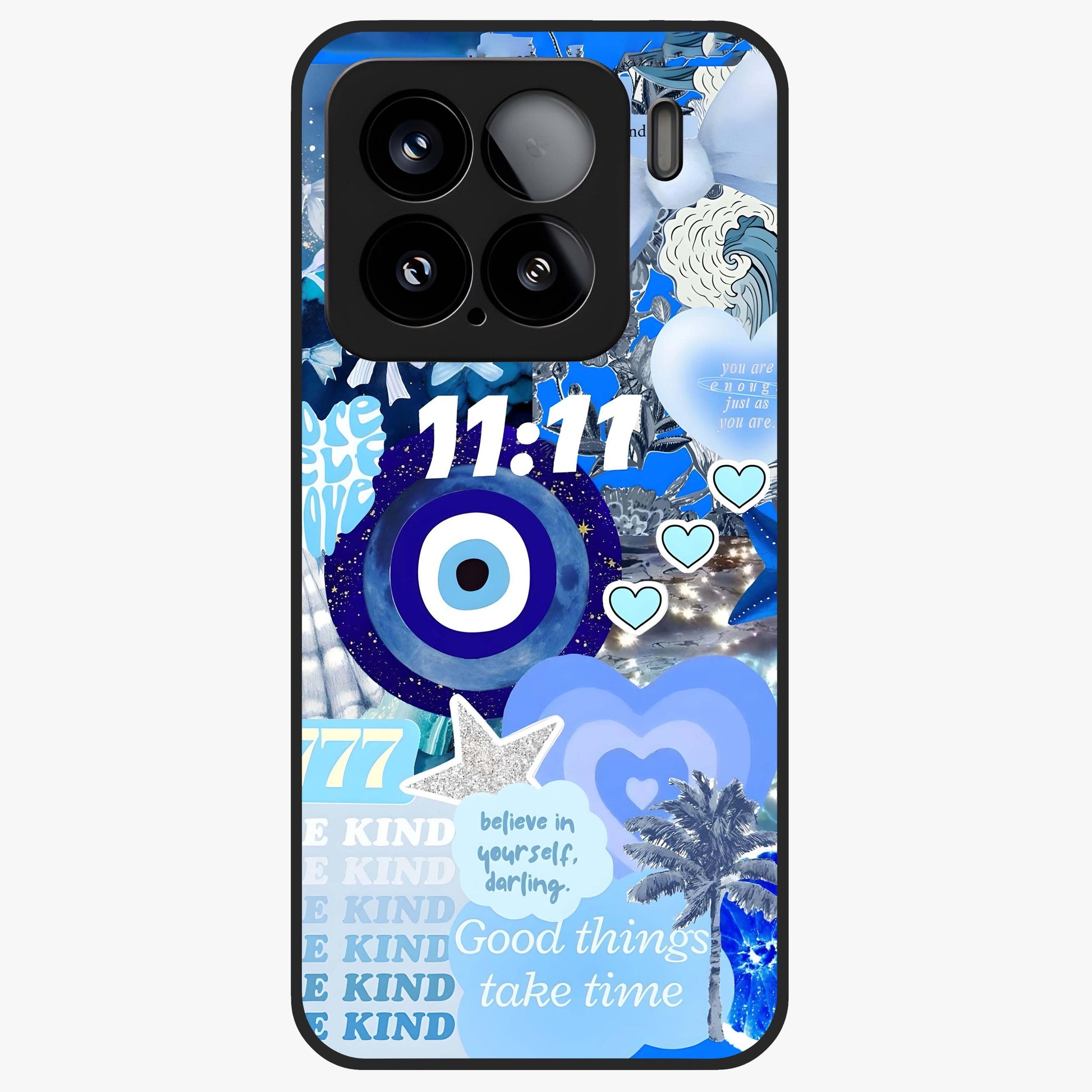 Aesthetic Be Kind Eye Glass Case showing flat back view with motivational eye artwork and glossy glass finish.