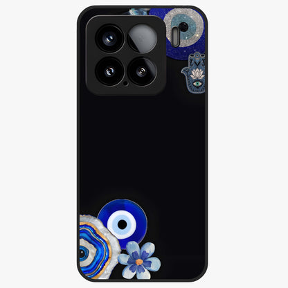 Aesthetic Blue Evil Eye Glass Case showing flat back view with protective evil eye artwork and glossy glass finish.
