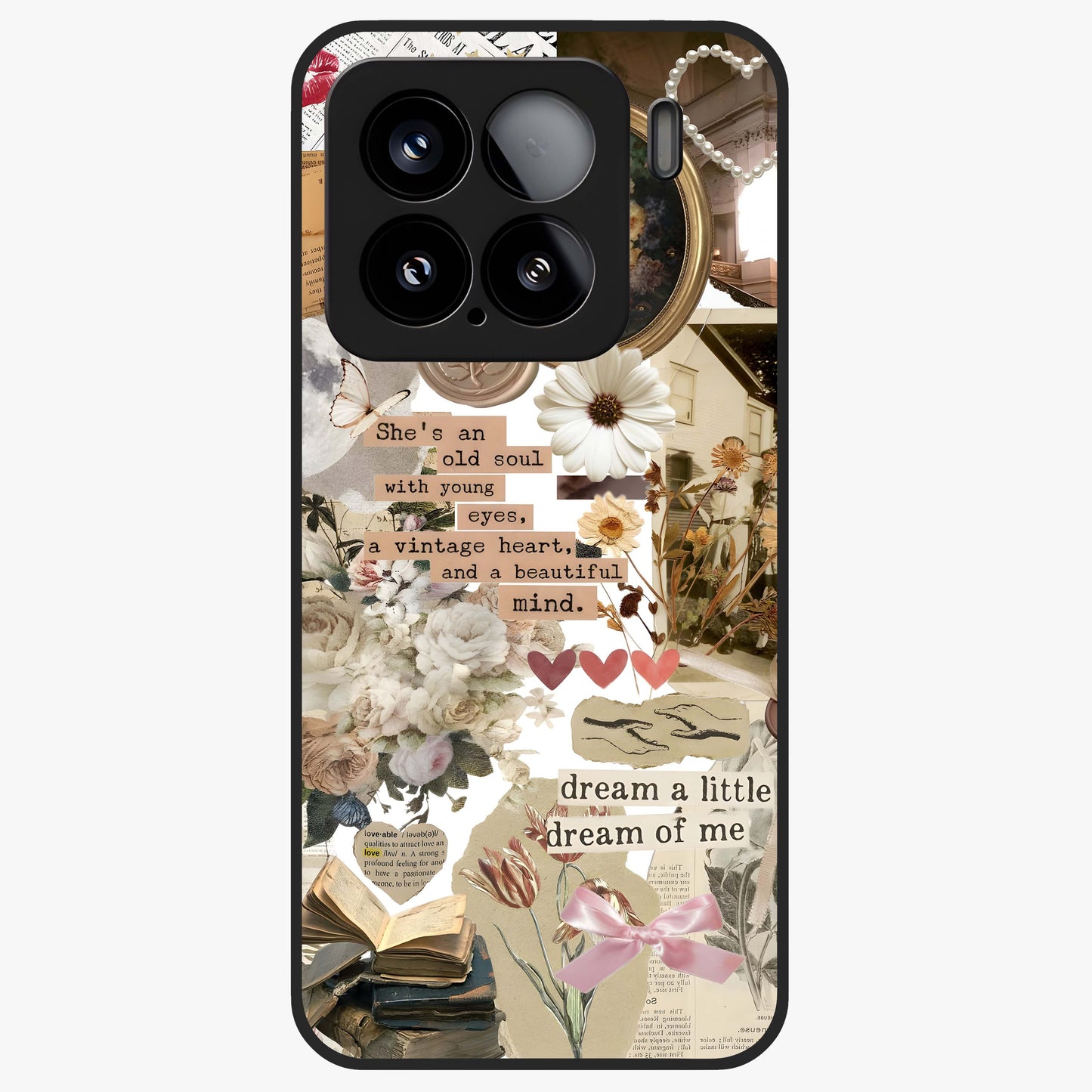 Aesthetic Brown Vintage Collage Glass Case showing flat back view with retro collage artwork and glossy glass finish.