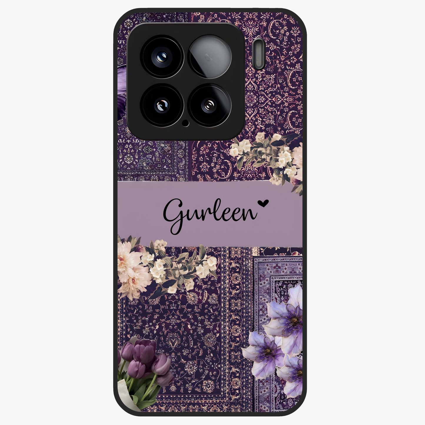 Antique Floral Whisper Custom Name Glass Case showing flat back view with vintage floral artwork and personalized name design.