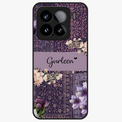 Antique Floral Whisper Custom Name Glass Case showing flat back view with vintage floral artwork and personalized name design.