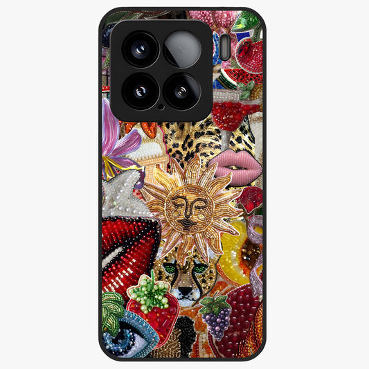 Beaded Fashion Jungle Glass Case showing flat back view with vibrant jungle inspired bead artwork and glossy glass finish.