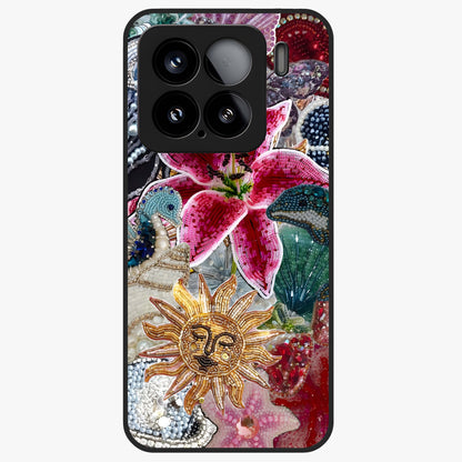 Beaded Garden Fantasy Glass Case showing flat back view with dreamy garden bead artwork and glossy glass finish.