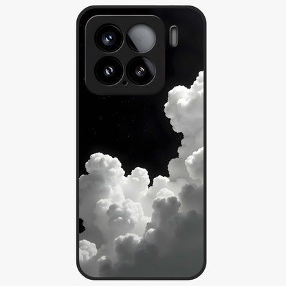 Black Background With White Cloud Glass Case showing flat back view with minimal cloud artwork on dark background and glossy glass finish.