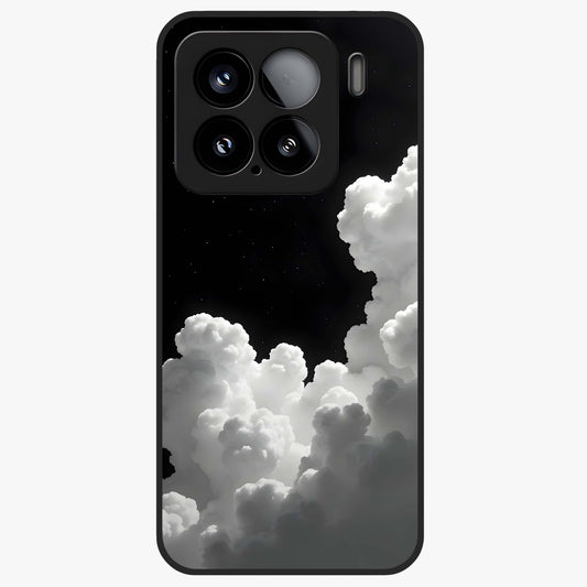 Black Background With White Cloud Glass Case showing flat back view with minimal cloud artwork on dark background and glossy glass finish.