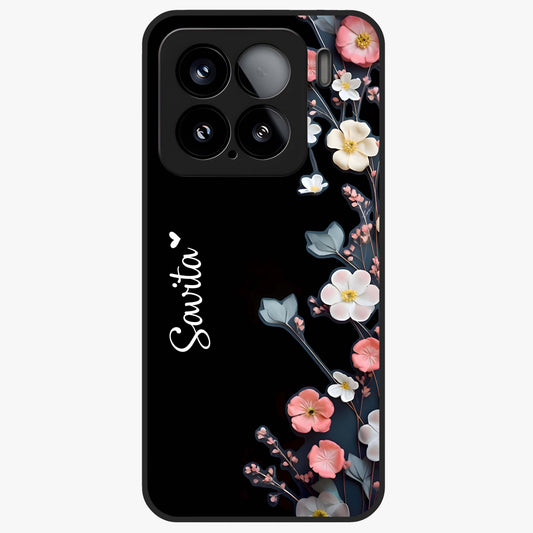 Black Elegance Floral Custom Name Glass Case showing flat back view with elegant floral artwork and personalized name design.