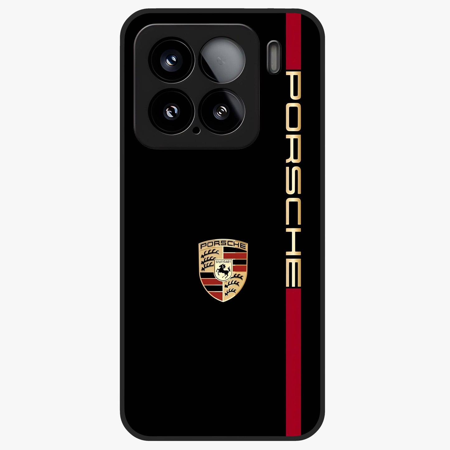 Black Minimal Porsche Glass Case showing flat back view with sleek minimal sports car artwork and glossy glass finish.
