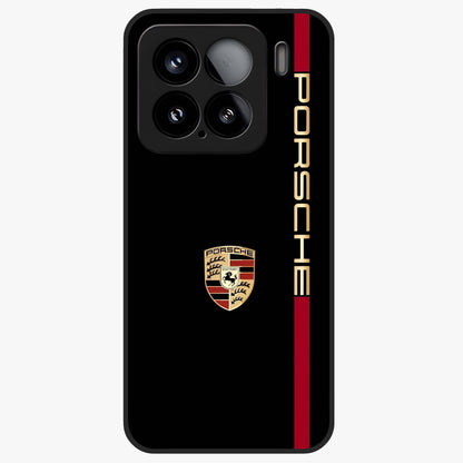 Black Minimal Porsche Glass Case showing flat back view with sleek minimal sports car artwork and glossy glass finish.