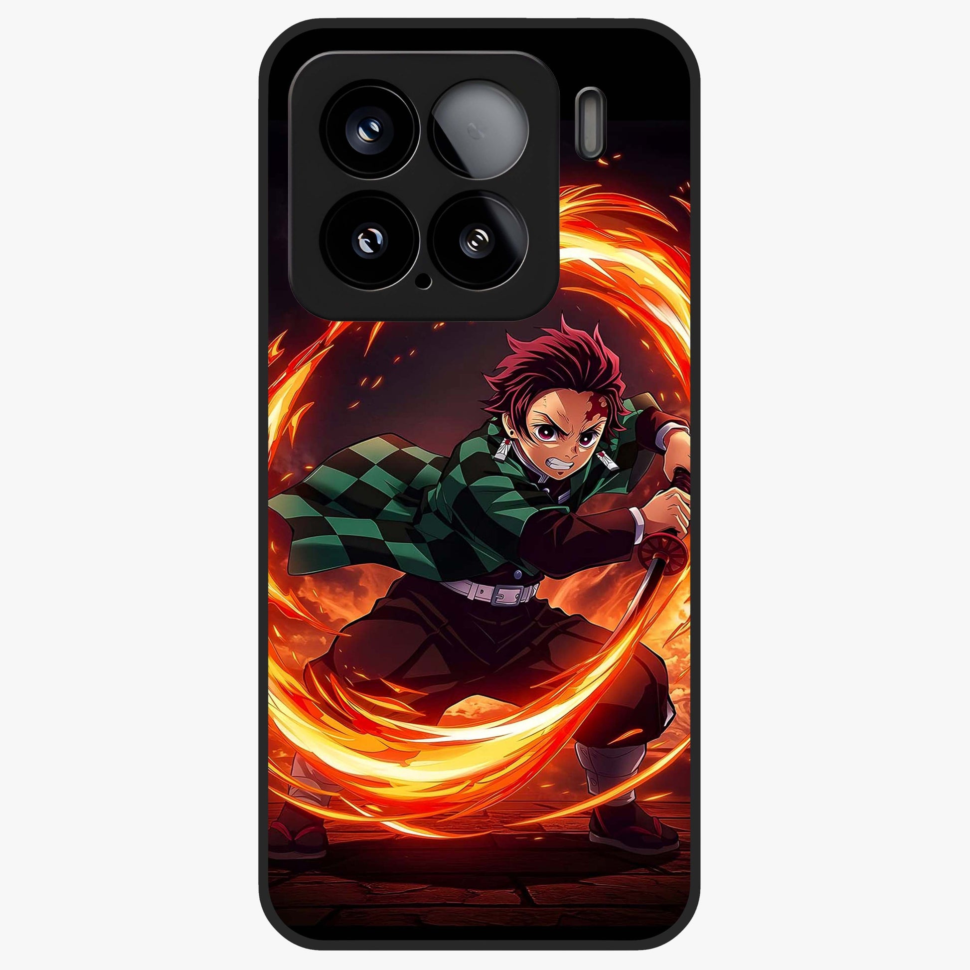 Blazing Sword Resolve Glass Case showing flat back view with fiery sword artwork and glossy glass finish.