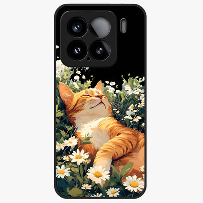 Blissful Bloom Cat Glass Case showing flat back view with cute cat and floral bloom artwork and glossy glass finish.