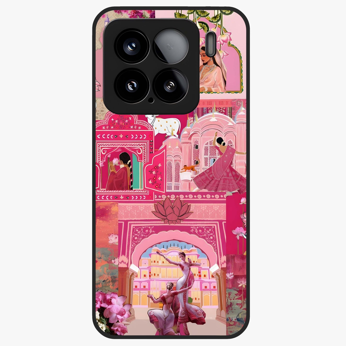 Blossoms of Rajasthan Glass Case showing flat back view with traditional floral artwork inspired by Rajasthan and glossy glass finish.