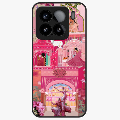 Blossoms of Rajasthan Glass Case showing flat back view with traditional floral artwork inspired by Rajasthan and glossy glass finish.