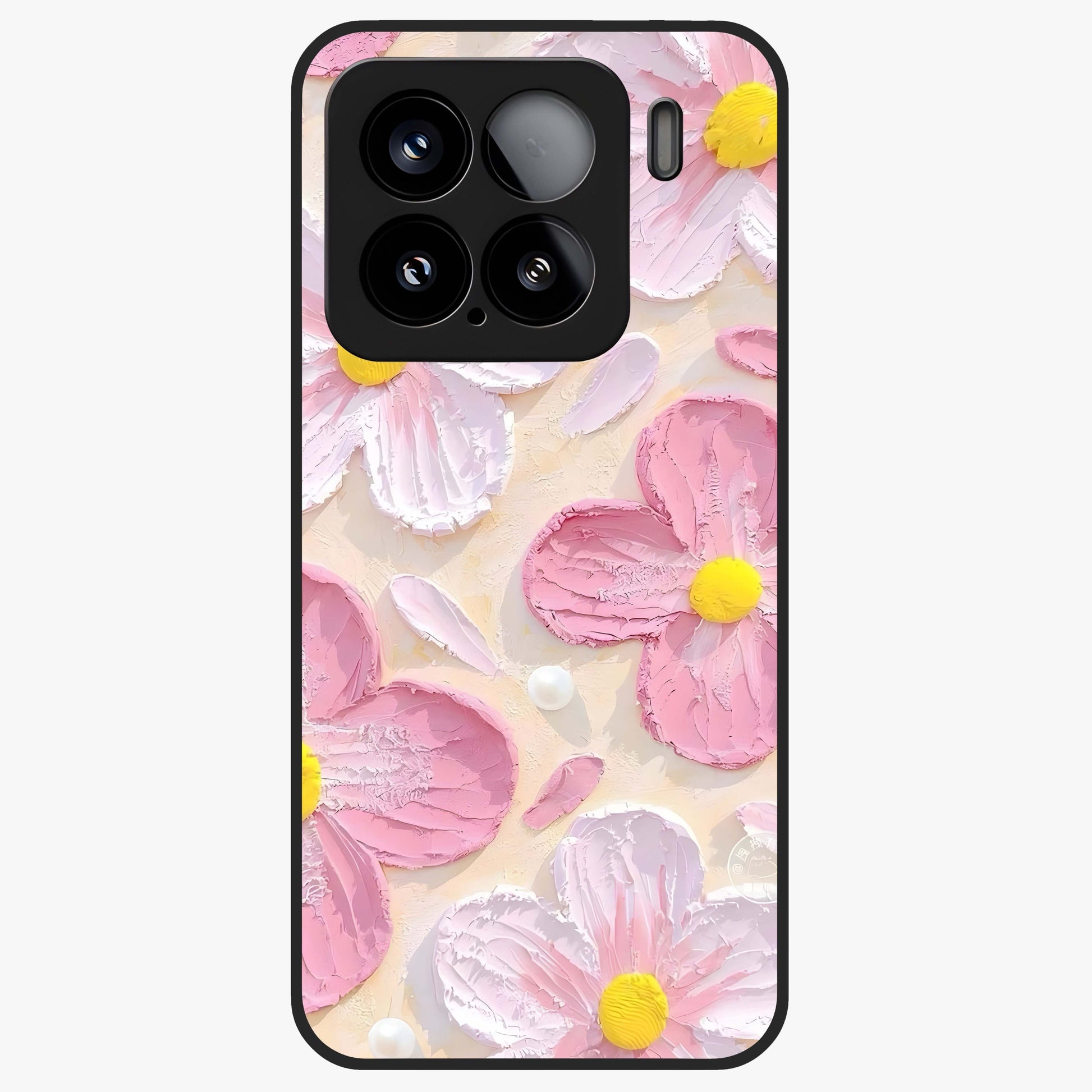 Blush Bloom Texture Glass Case showing flat back view with soft blush floral texture artwork and glossy glass finish.