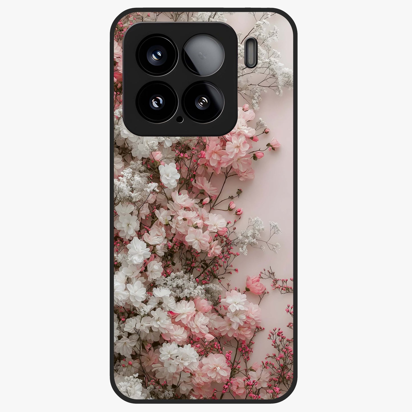 Blush Blossom Cloud Glass Case showing flat back view with dreamy blush cloud blossom artwork and glossy glass finish.
