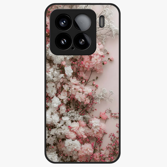 Blush Blossom Cloud Glass Case showing flat back view with dreamy blush cloud blossom artwork and glossy glass finish.