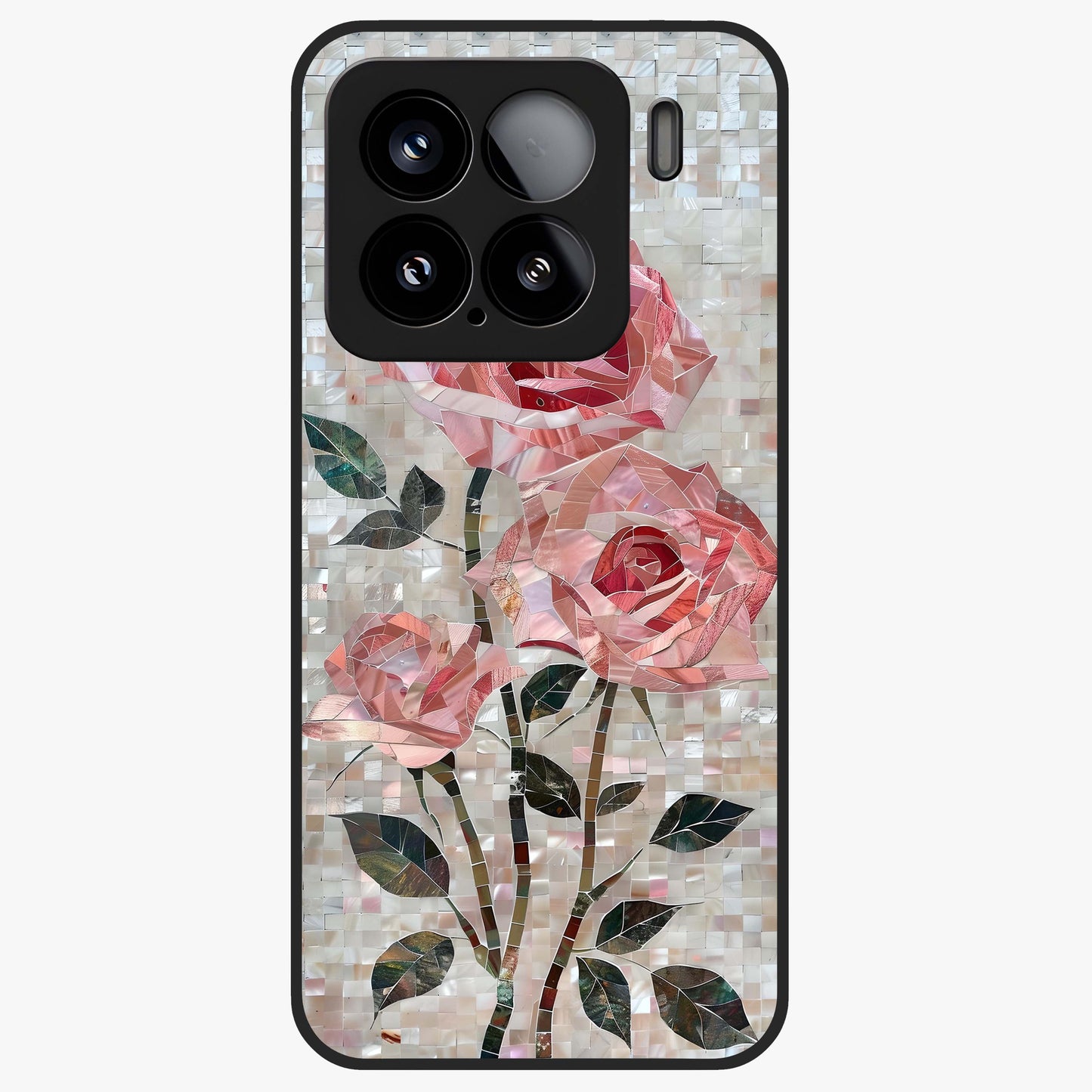 Blush Mosaic Bloom Glass Case showing flat back view with mosaic floral bloom artwork and glossy glass finish.