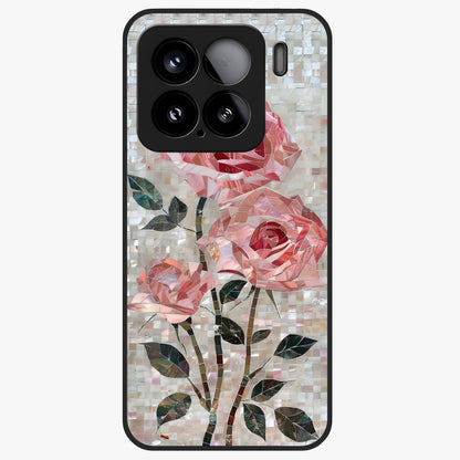Blush Mosaic Bloom Glass Case showing flat back view with mosaic floral bloom artwork and glossy glass finish.