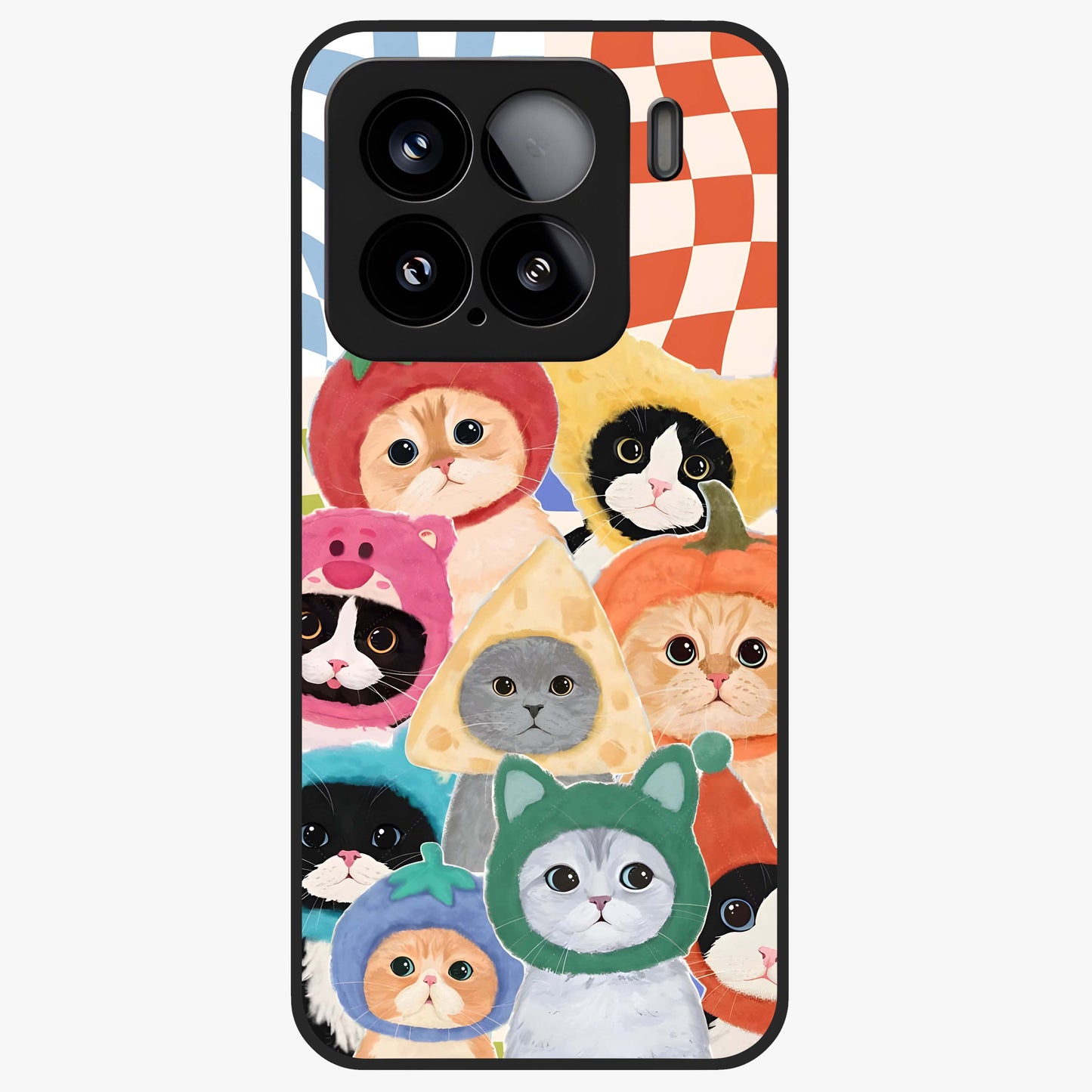 Cats in Fruits Glass Case showing flat back view with playful cat illustrations inside fruit artwork and glossy glass finish.