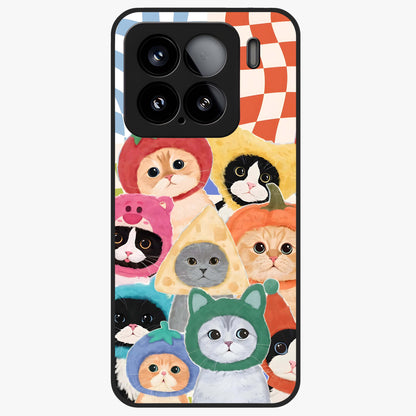 Cats in Fruits Glass Case showing flat back view with playful cat illustrations inside fruit artwork and glossy glass finish.