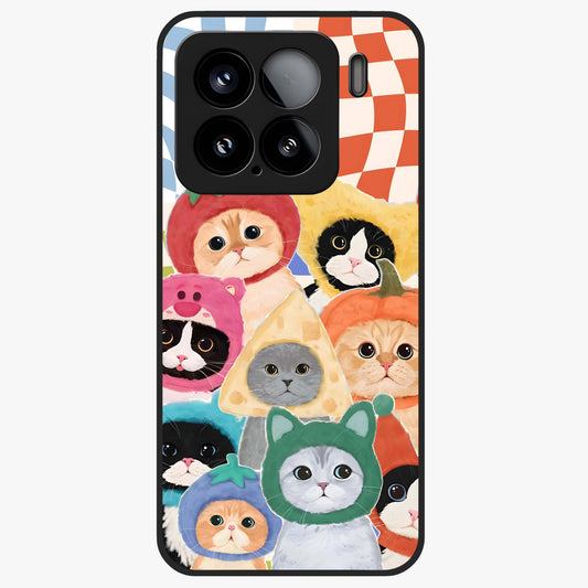 Cats in Fruits Glass Case showing flat back view with playful cat illustrations inside fruit artwork and glossy glass finish.