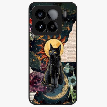 Celestial Black Cat Glass Case showing flat back view with mystical black cat artwork and glossy glass finish.