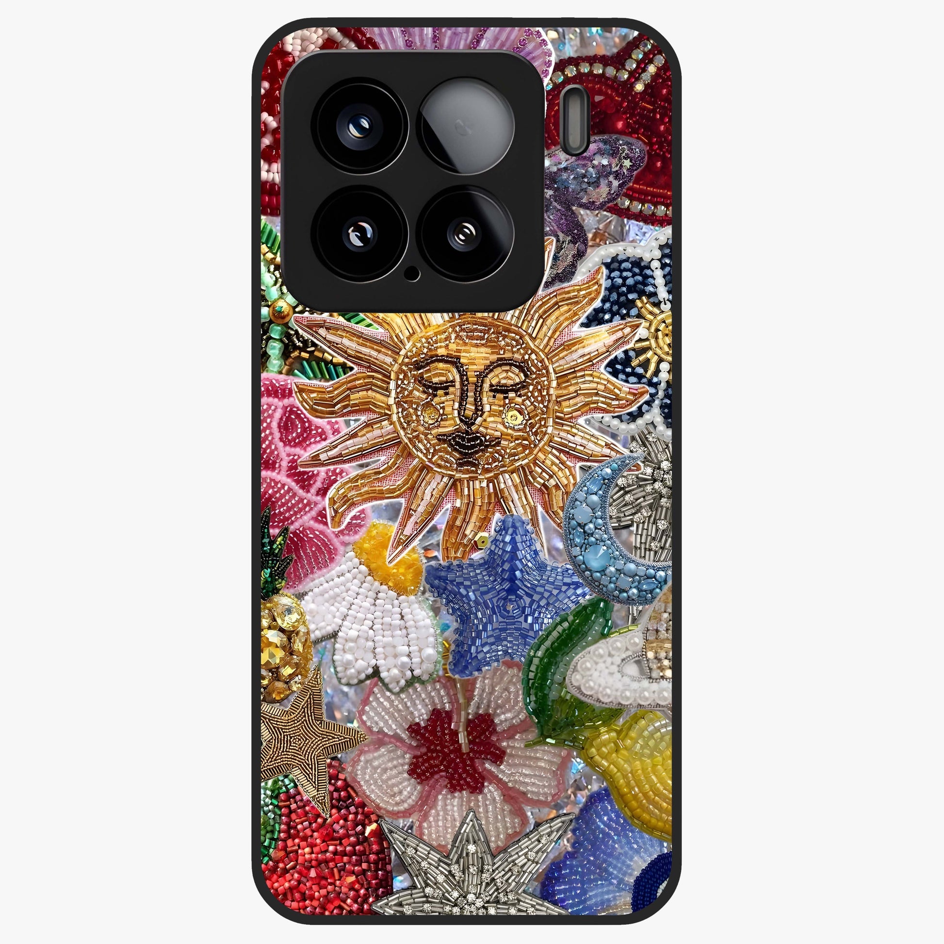 Celestial Floral and Playful Glass Case showing flat back view with floral and celestial themed artwork and glossy glass finish.