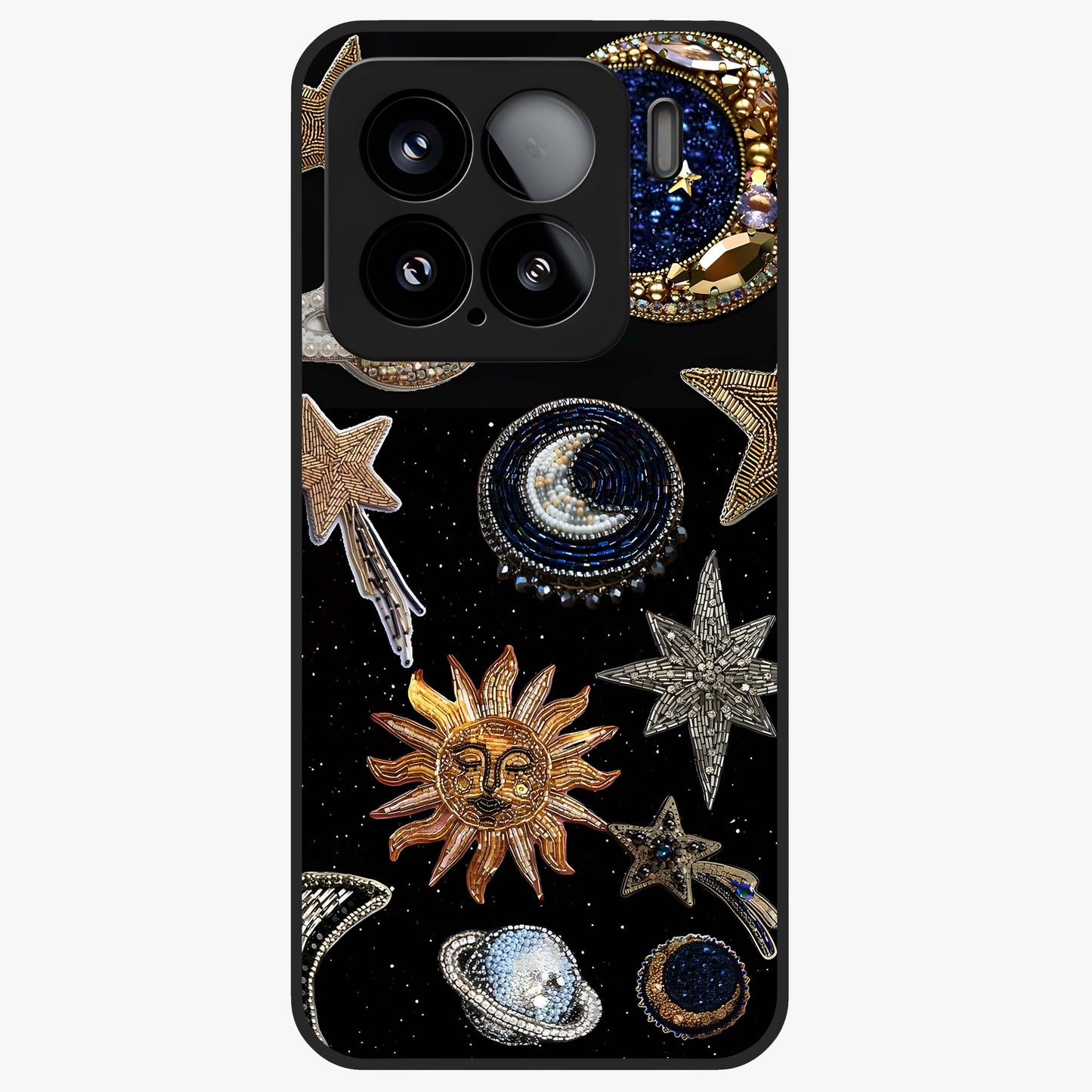 Celestial Gem Constellations Glass Case showing flat back view with sparkling constellation artwork and glossy glass finish.